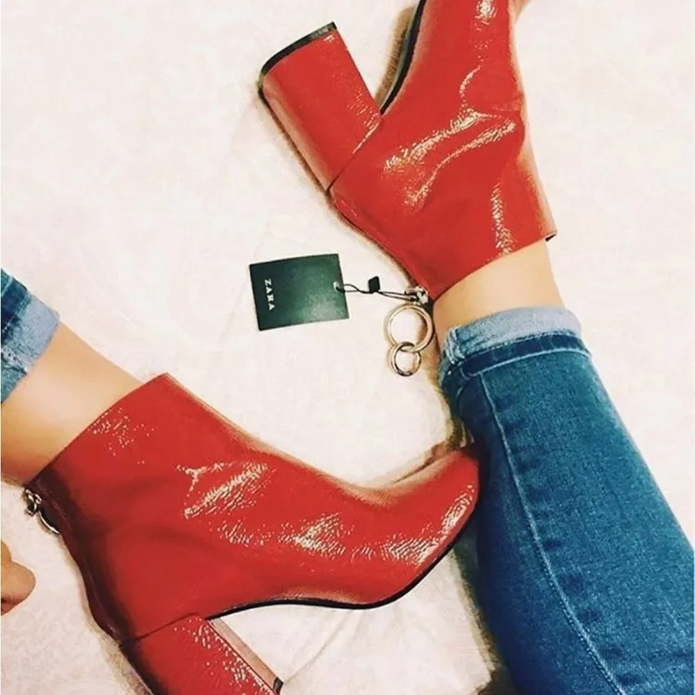 Zara Bloggers Favorite Retro Red Crinkled Patent Leather Block Heel Ankle Boots
